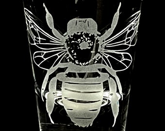 Bumble Bee Illustration Etched Shot Glass Cute