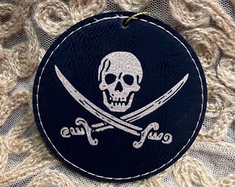 Jolly Roger Skull and Crossbones Engraved Ornament - Black and Gold Leatherette Christmas Decoration