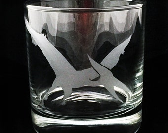 Pteradactyl Dinosaur Etched Rocks Glass Aquatic Reptile Jurassic