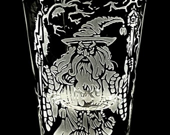 Epic Fantasy Wizard Art Wielding Lightning Design Etched Shot Glass Merlin Fun Unique Roleplaying Gift