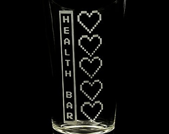 Health Bar Gamer Beer Glass - Dishwasher Safe Etched Pint