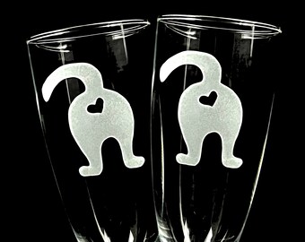 Cat Butt Romantic Etched Champagne Flute Set of 2 Humor Silly Kitty
