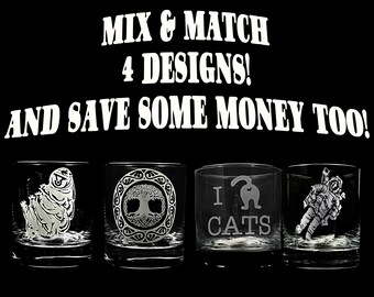 MIX and Match Custom Engraved Whiskey Glasses - You Choose the Design set of 4