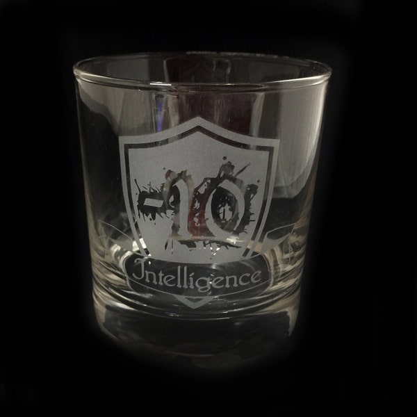 RPG Stat -10 Intelligence Attribute Design Custom Etched Lowball Rocks Whiskey Glass