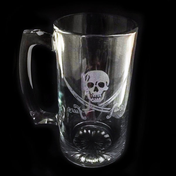 Jolly Roger Pirate Skull and Crossbones Design Custom Etched Large Beer Stein Nerdy Gift