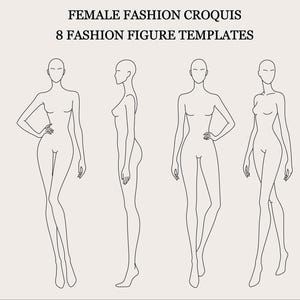 Può includere: Un set di otto modelli di figure di moda in linea nera disposti su due file. Il testo FEMALE FASHION CROQUIS 8 FASHION FIGURE TEMPLATES è centrato tra le file. Ogni figura mostra una diversa posa in piedi.