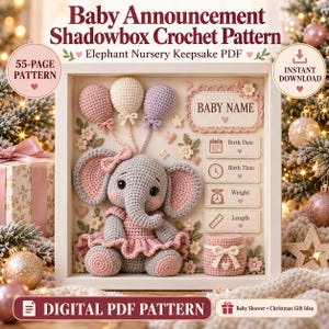 Peut inclure: Un modèle de crochet PDF numérique de 55 pages pour une boîte vitrine d'annonce de naissance avec un éléphant gris aux accents roses, trois ballons et des étiquettes pour le nom, la date, l'heure, le poids et la taille du bébé.