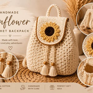 May include: A cream-colored crochet backpack featuring a sunflower motif on the flap, a top handle, and two drawstring cords with wooden beads and tassels. The text reads HANDMADE Sunflower CROCHET BACKPACK, Made with love, for everyday adventures.