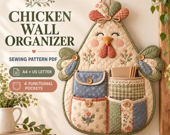 May include: A quilted chicken wall organizer sewing pattern PDF featuring four functional pockets. The design includes floral and gingham fabric patches in green, blue, and cream, with embroidered details, wooden buttons, and a hanging loop.