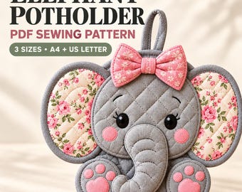 May include: A gray quilted elephant potholder sewing pattern featuring pink floral fabric on the ears, a pink bow, and pink paw pads. The text reads: ELEPHANT POTHOLDER PDF SEWING PATTERN 3 SIZES A4 + US LETTER. The design includes a hanging loop.