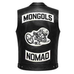 Mongols Nomad MC leren biker vest, set met geborduurde rugpatches, rockkleding