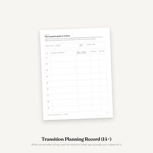 May include: A white paper form titled The transition goals as written, featuring a table with columns for student, school year, goal, area, date set, and doc number. The document includes nine numbered rows and the text Transition Planning Record (14+).