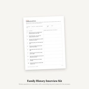 Może przedstawiać: Biały formularz papierowy zatytułowany Childhood and home, zawierający tabelę z dziesięcioma ponumerowanymi wierszami na pytania dotyczące historii rodziny. Dokument zawiera kolumny na imię przodka, numer arkusza, datę oraz miejsce na pisemne odpowiedzi.
