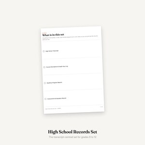 May include: A white document page titled What is in this set, listing High School Transcript, Course Description & Credit-Hour Log, Quarterly Progress Reports, and Assessment & Evaluation Record with checkboxes for each item in a vertical layout.