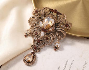 Champagne Crystal Brooch Pin, Vintage Baroque Statement Brooch, Antique Gold Rhinestone Jewelry, Victorian Wedding Accessory Gift for Prom