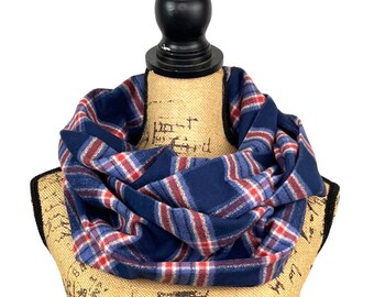 Luxe Collection Navy, Dusty Blue, Persimmon and Cream Plaid Infinity and Blanket Scarves