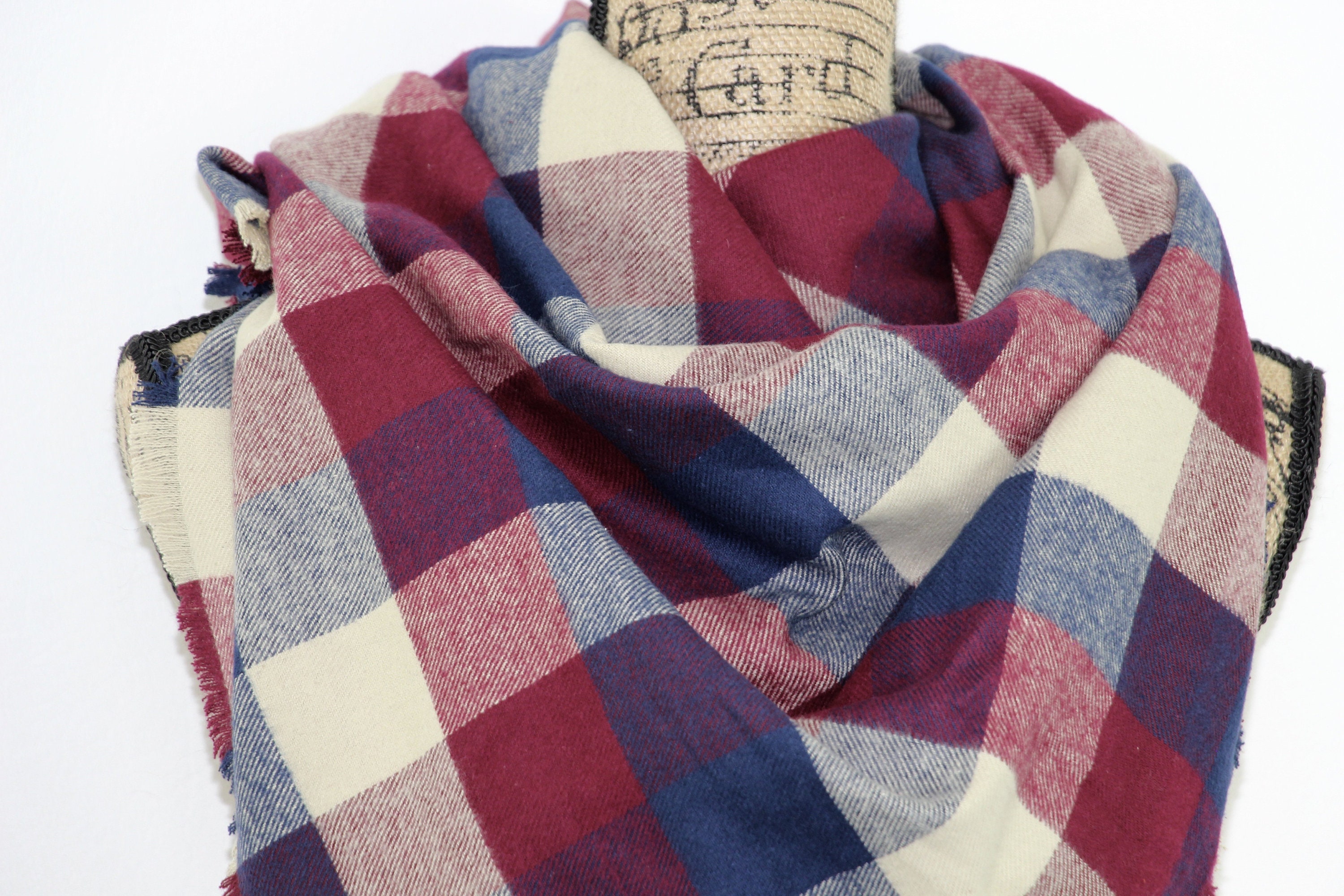 Wine Red Navy Blue and Taupe Flannel Plaid Infinity or Etsy
