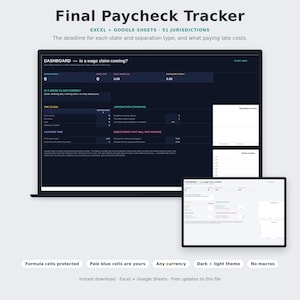 May include: A digital Final Paycheck Tracker spreadsheet tool for Excel and Google Sheets. The interface features a dark dashboard with sections for separations, wage claims, and jurisdiction coverage, plus a light theme version and feature labels.