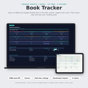 May include: A digital book tracker spreadsheet for Google Sheets and Excel displayed on a laptop and tablet screen. The interface features a dark reading dashboard with statistics, book titles, authors, and progress bars in four colors.