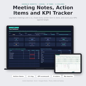 May include: A digital dashboard template for Google Sheets and Excel titled Meeting Notes, Action Items and KPI Tracker. The interface displays team metrics, action item status, and meeting logs across a dark-themed laptop and tablet screen.