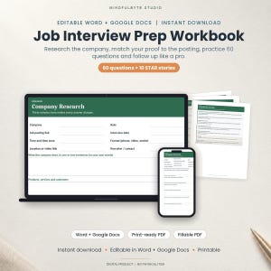 Job Interview Prep Workbook, 60 Questions, STAR Stories, Salary Scripts (Digital Download)