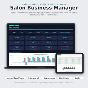 Spreadsheet voor salonboekhouding, klantenoverzicht voor kappers, afspraken, fooien, winkelvoorraad, winst, Google Sheets