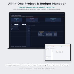 May include: A digital project and budget manager template for Excel 365 and Google Sheets. The interface displays a dark mode project dashboard with task status, deadlines, and progress metrics. A light mode version is also shown alongside.