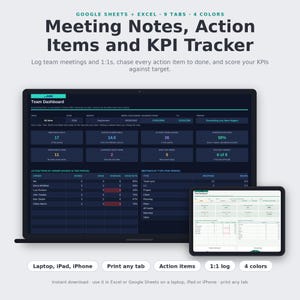 Könnte beinhalten: Eine digitale Vorlage für Besprechungsnotizen, Aufgaben und KPI-Tracking für Google Sheets und Excel. Die Anzeige zeigt ein Team-Dashboard mit Datentabellen, Metriken und Diagrammen auf einem Laptop- und Tablet-Bildschirm in verschiedenen Farben.