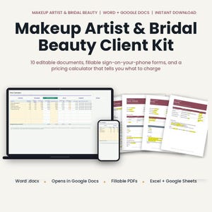 Peut inclure: Un kit client numérique pour maquilleurs et professionnels de la beauté nuptiale, comprenant un ordinateur portable et un smartphone affichant un calculateur de prix, ainsi que des documents imprimés avec des formulaires remplissables.
