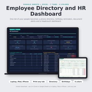 May include: A digital Employee Directory and HR Dashboard template for Google Sheets and Excel. The interface displays dark-themed data tables, metrics, and charts for headcount, turnover, and document tracking, shown on a laptop and tablet screen.