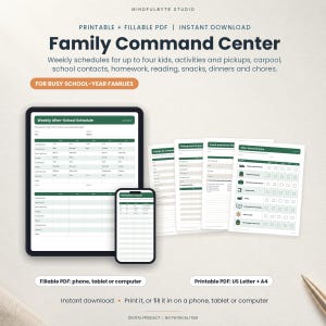 Printbaar gezinscommandocentrum, naschools schema, carpoolplan, huiswerkplanner (invulbaar pdf-bestand)
