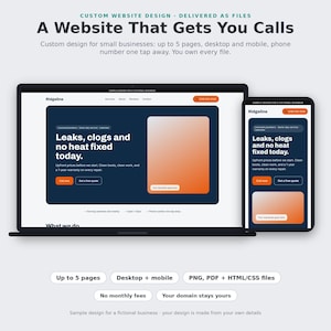 Pode incluir: Um design de site personalizado exibido em uma tela de laptop e smartphone. A interface apresenta um fundo azul escuro com botões laranja, o texto 'Leaks, clogs and no heat fixed today' e um espaço reservado para uma foto de negócio.