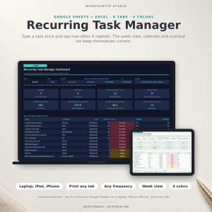 Recurring Task Manager Spreadsheet, Auto-Updating Calendar, Overdue List (Digital Download)