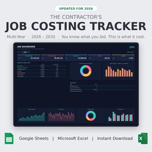 Puede incluir: Un panel digital de seguimiento de costes laborales para 2026-2035, con una interfaz oscura, gráficos coloridos y tablas de datos financieros. El texto incluye "THE CONTRACTOR'S JOB COSTING TRACKER", "UPDATED FOR 2026" y "Google Sheets | Microsoft Excel".
