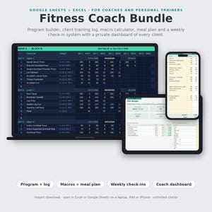 Fitness Coach Template Bundle, Google Sheets + Excel, Workout Program Builder, Macro Calculator, Meal Plan, Client Check-In, Trainer Log