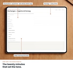 May include: A digital tablet displaying a planning template titled Exchanges - logistics & the bag. The screen features sections for usual place, time, and driving directions, alongside a checklist for bag contents and a notes area for brief entries.