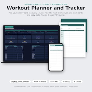 Può includere: Un pianificatore e tracker di allenamento digitale visualizzato su uno schermo di laptop e smartphone, con un'interfaccia dashboard scura piena di tabelle dati, accanto a un documento PDF stampabile intitolato My Weekly Split.