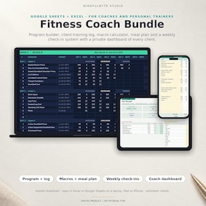 Fitness Coach Template Bundle, Google Sheets + Excel, Workout Program Builder, Macro Calculator, Meal Plan, Client Check-In, Trainer Log