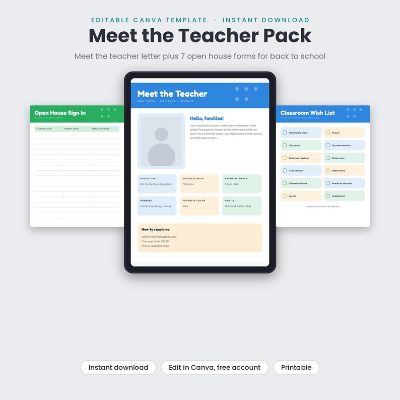 Editable Meet the Teacher Pack, Open House Forms, Back to School Night ...