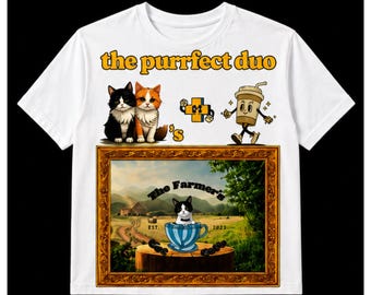 100% polyester T-Shirt: "Purrfect Duo" Cat Coffee Graphic Tee