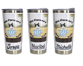 20 oz Stainless Steel Tumbler with Lid: Personalized Farmer's Cafe Cat Design