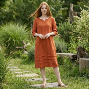 Rust Linen Midi Dress for Women, Notch Neck, Three Quarter Sleeves and Tiered Hem, Loose Everyday Boho Clothing, Modern Minimalism