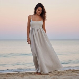 Natural Linen Maxi Dress, Square Neck Spaghetti Strap Empire, Gathered Babydoll Open Back, Boho Cottagecore Summer Beach Sundress