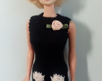 Black dress for fashion dolls with pink flower motif and silk rose