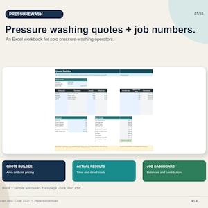 Op de afbeelding: Een Excel-werkmap voor offertes en opdrachtnummers voor hogedrukreiniging. De interface bevat een offertegenerator, werkelijke resultaten en een dashboard. Tekst bevat: Pressure washing quotes + job numbers en Quote Builder.