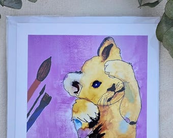 Biglietto d'auguri singolo, adorabile e dipinto a mano, con stampa animalier - Cucciolo di leone, busta inclusa.