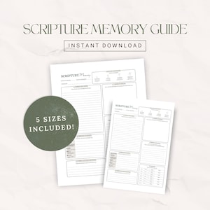 May include: A Scripture Memory Guide printable template featuring sections for writing verses, breaking down passages, and using the first letter method. The document includes the text Scripture Memory and a green circle graphic stating 5 SIZES INCLUDED.