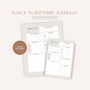 May include: A Daily Scripture Journal digital template featuring two stacked pages with sections for passage, date, prayer, observations, application, and notes. A brown circular graphic on the left displays the text 5 SIZES INCLUDED.