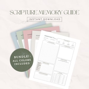 Könnte beinhalten: Ein Scripture Memory Guide-Paket mit mehreren farbigen Blättern in Blau, Grün, Rosa und Beige. Jede Seite enthält Abschnitte zum Aufschreiben von Versen, zur Analyse, zum Üben und zur Wiederholung, mit dem Text SCRIPTURE MEMORY GUIDE.