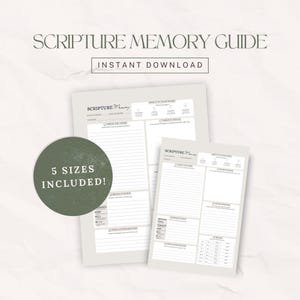 Peut inclure: Un modèle imprimable de guide de mémorisation des Écritures avec des sections pour noter les versets, des aides visuelles et des méthodes de mémorisation. Le document affiche le texte Scripture Memory, Instant Download et 5 Sizes Included.